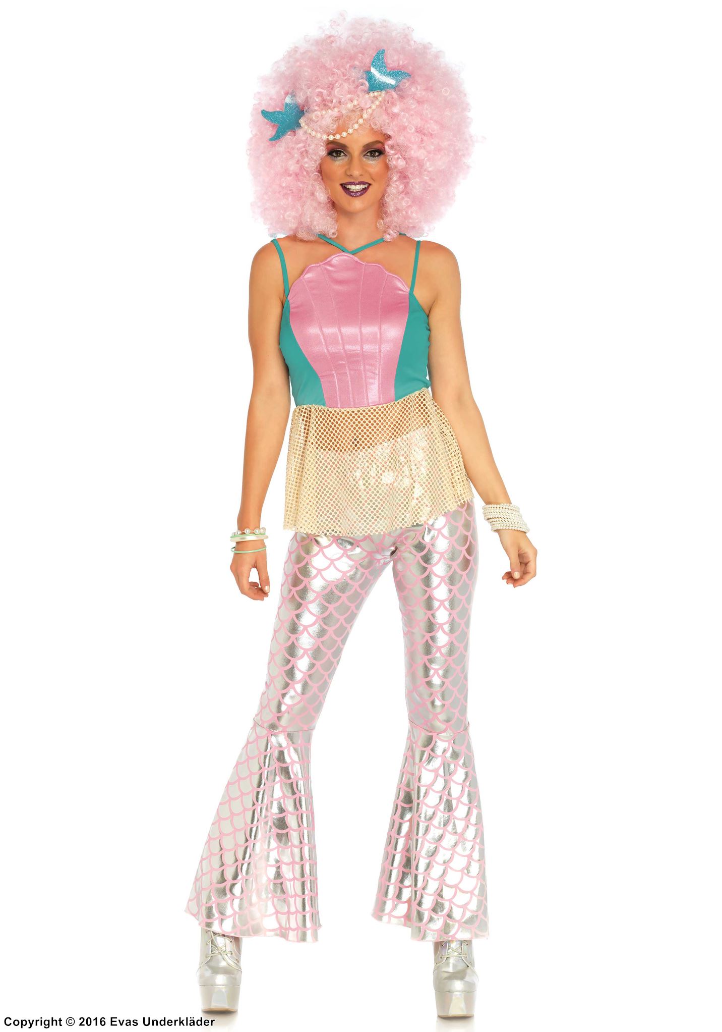 Disco-Meerjungfrau, Kostüm-Oberteil und -Hose, kleines Netz, Fischschuppen